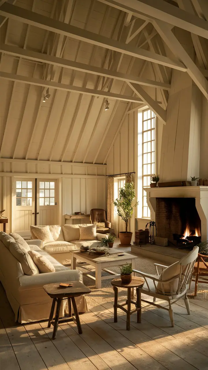A cozy ivory white farmhouse living room with a vaulted ceiling, rustic fireplace, large comfortable couch, charming wooden chairs and tables, natural light from tall windows, and potted plants.