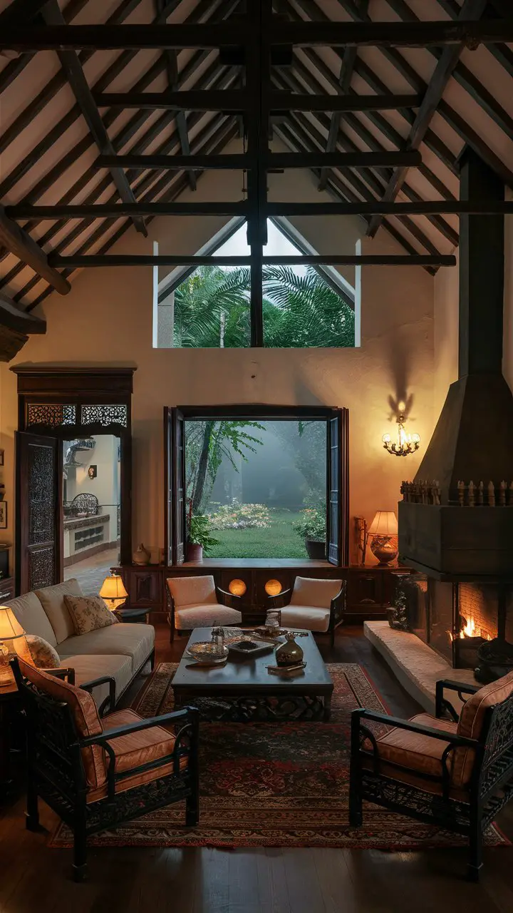 A traditional living room with a high vaulted ceiling, warm fireplace, comfortable seating, eclectic Indian decor accessories, intricately carved wooden door, beautiful garden view from a window, elegant light fixtures, and a warm glow accentuating rich colors and textures.