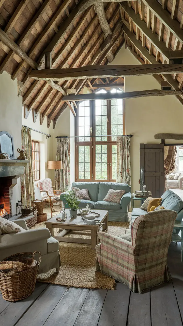 A rustic country living room with a soaring vaulted ceiling, wooden beams, focal fireplace, comfortable sofa, plaid armchair, wooden coffee table, mix of vintage and modern furniture, floral curtains framing a large window, rustic accessories, woven basket, vintage lamp, and a wooden door slightly ajar, hinting at more charming spaces beyond.