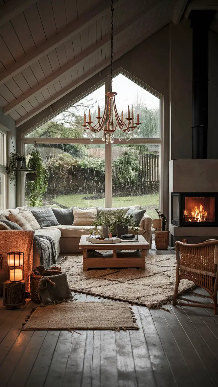 A cozy Scandinavian-style living room with a high vaulted ceiling, large fireplace, wooden furniture, soft textured rug, rustic lantern, potted plants, and a chandelier, with a view of a rainy garden.
