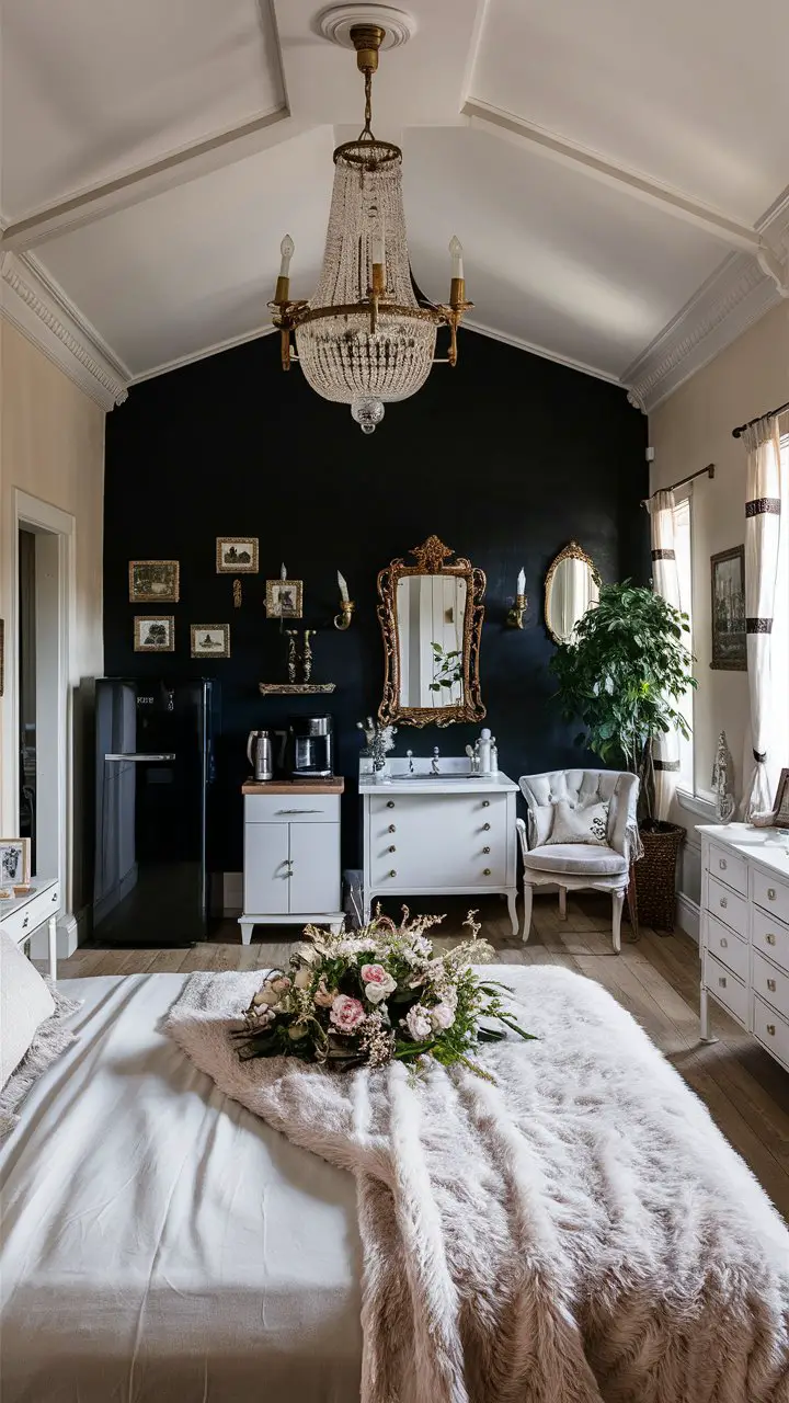 A luxurious, well-lit French country bedroom with a striking black accent wall showcasing a variety of furniture, appliances, light fixtures, and decorative accessories. The bed features a plush, white duvet and is adorned with a beautiful floral arrangement. A vintage-style chandelier hangs above, casting a warm glow over the room. The black wall contrasts with the white furniture, while a sleek, black refrigerator and coffee maker stand in one corner. A potted plant adds a touch of greenery, and the room is decorated with vintage pictures and antique mirrors, exuding a sense of sophistication and comfort., photo