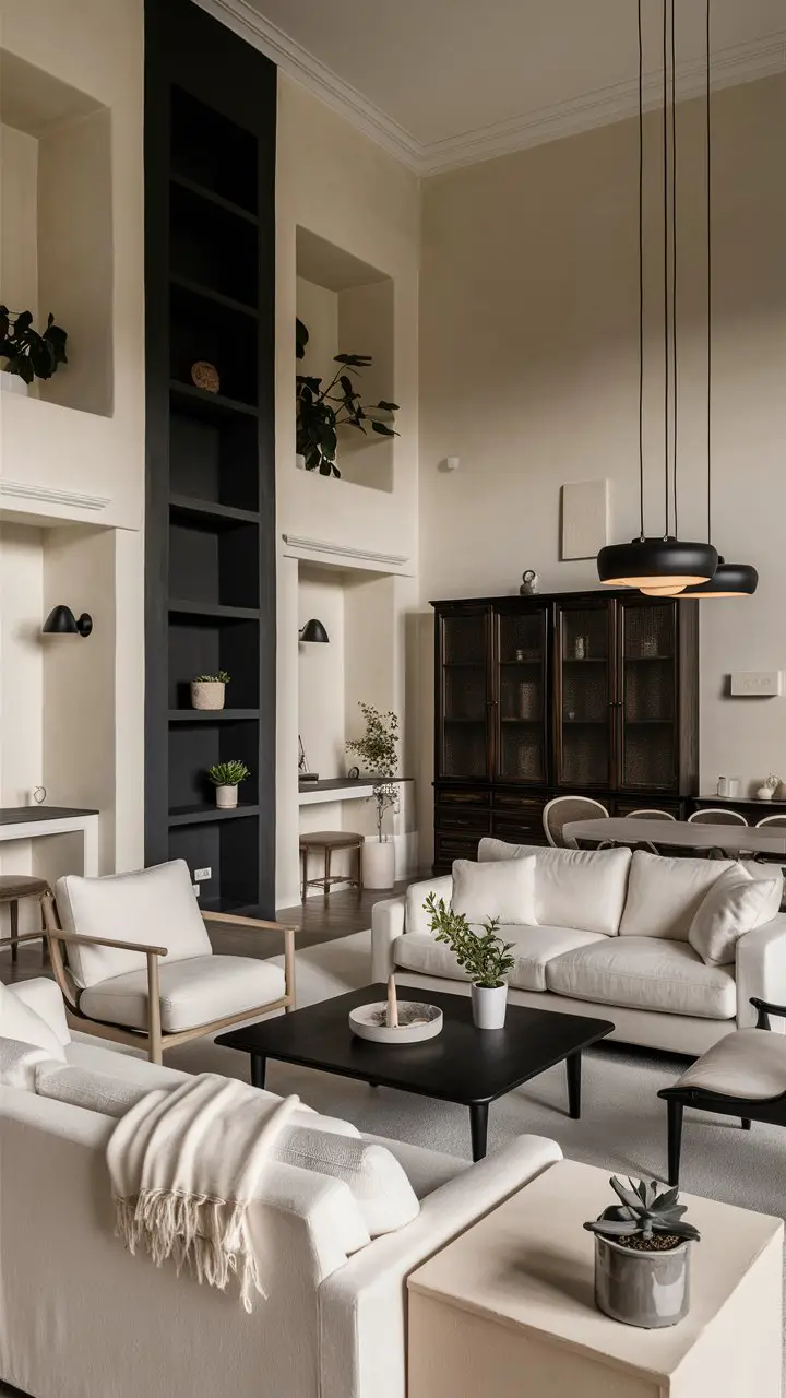 A serene and elegant Japandi-style living room with an ivory white color palette. The room features a tall, black wall with built-in wooden shelves, showcasing minimalistic decor and a few potted plants. The furniture consists of a comfortable ivory sofa, a black coffee table, and a large, dark-stained wooden bookshelf. The light fixtures are modern, black pendant lamps that hang above the coffee table. The room is accentuated with a few relevant decor accessories, such as a white throw blanket, a small potted succulent, and a few pieces of minimalist wall art. The overall ambiance of the space is calm, inviting, and sophisticated., photo