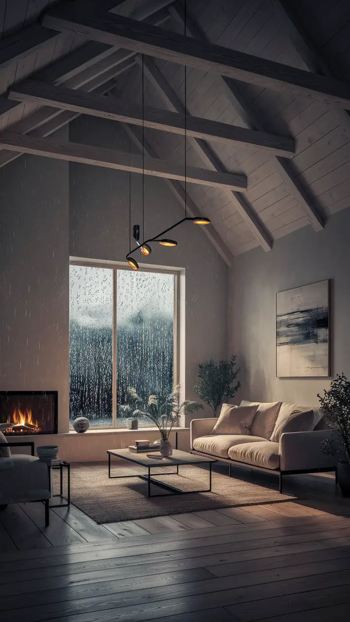 A serene and minimalist living room with a vaulted ceiling, exposed wooden beams, natural light, raindrops outside, cozy fireplace, simple sofa, sleek coffee table, plants, wall-mounted abstract painting, and contemporary light fixture.