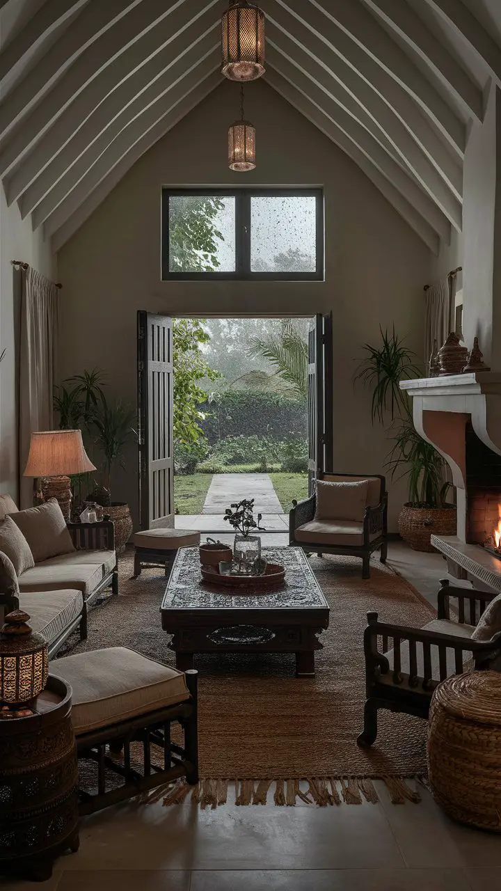 A traditional living room with a vaulted ceiling, cozy fireplace, traditional wooden furniture, plush sofa, cushioned armchairs, large coffee table with intricate carvings, ornate lanterns, woven baskets, potted plants, elegant light fixtures, garden view from a large window, and a door slightly ajar with a view of gentle drizzle outside.