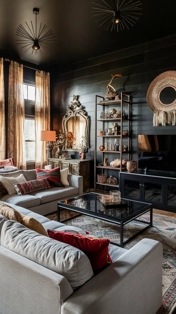 A stunning boho-chic living room with a black accent wall. The room features a large, comfortable sofa with a variety of colorful throw pillows. The black wall is adorned with a beautiful, vintage-style mirror and a rustic shelving unit displaying an eclectic mix of decorative items. A sleek black coffee table with a glass top sits in front of the sofa. The room also contains a black entertainment center and black light fixtures that add a modern touch. The windows are dressed with flowing, patterned curtains, and the overall atmosphere is warm, inviting, and filled with character., photo