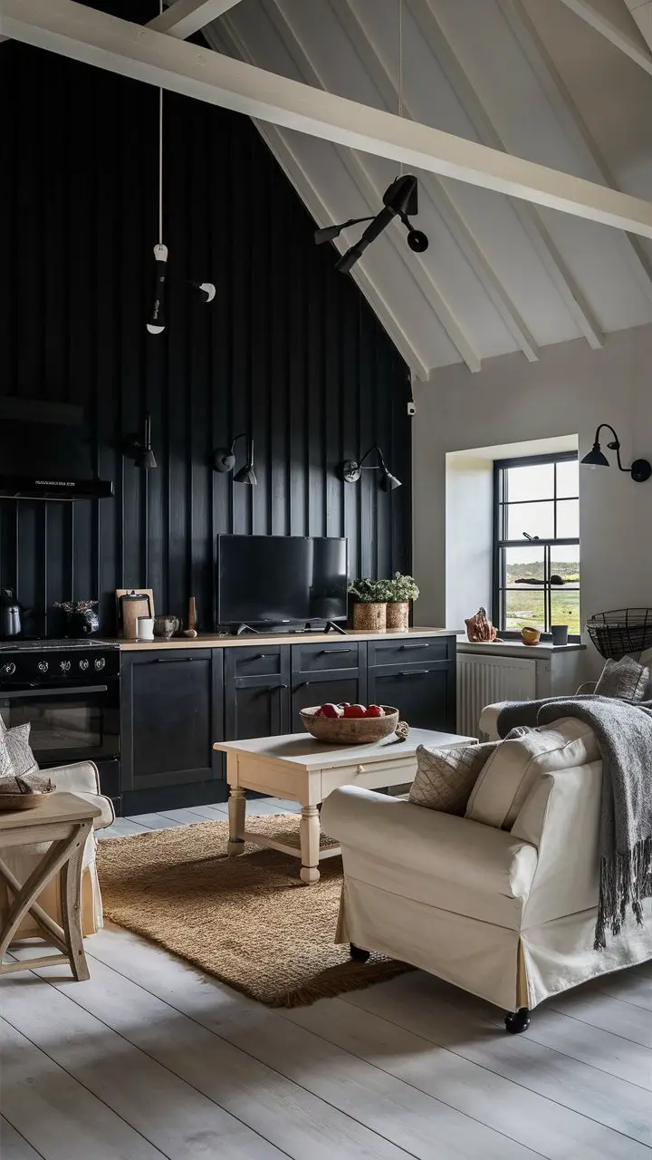A stunning interior photo of a contemporary farmhouse living room, showcasing a stunning black accent wall. The room features a comfortable sofa and a stylish coffee table, both in a soft cream color. A sleek black television stands against the accent wall, with modern black appliances and sleek light fixtures surrounding it. The room is tastefully decorated with rustic accessories, like a wooden bowl filled with fresh fruits and a cozy throw blanket. A large window in the corner lets in natural light, showcasing the picturesque farmland outside., photo