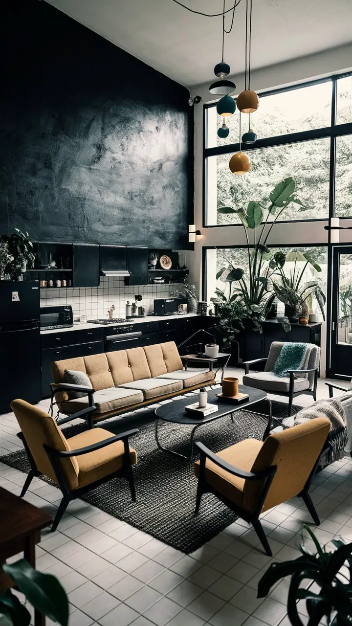 A stunning mid-century modern living room featuring a dramatic black accent wall, seamlessly blending with black furniture, appliances, and light fixtures. The room exudes sophistication, with a comfortable sofa and chic armchairs arranged around a sleek coffee table. The black and white color palette is complemented by pops of mustard and teal, adding a touch of warmth and character. A large window showcases a lush green outdoor view, while indoor plants further enhance the room's natural and inviting atmosphere., photo