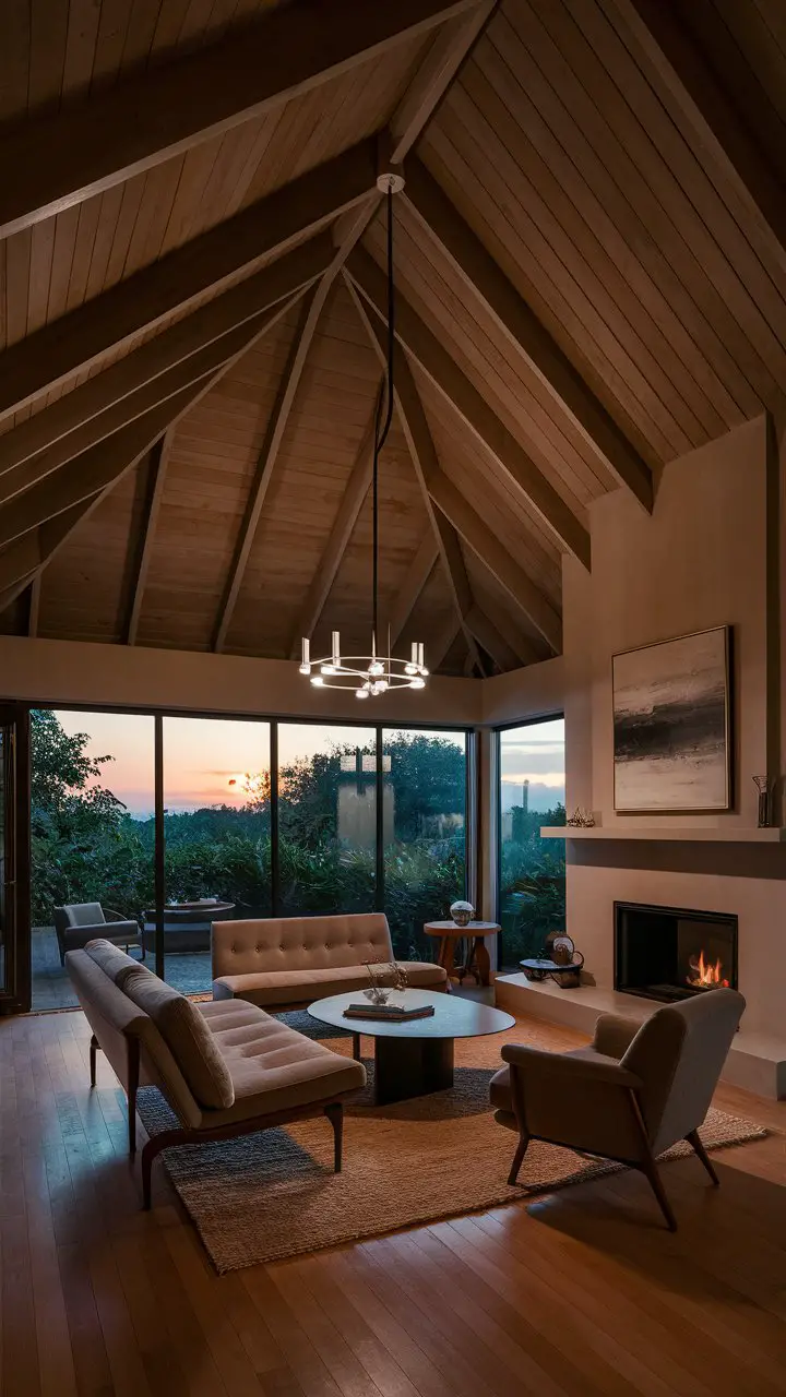 A mid-century modern living room with a vaulted ceiling, cozy fireplace, low-slung sofa, armchairs, round coffee table, abstract painting, modern chandelier, and floor-to-ceiling windows with a view of lush greenery and a setting sun.