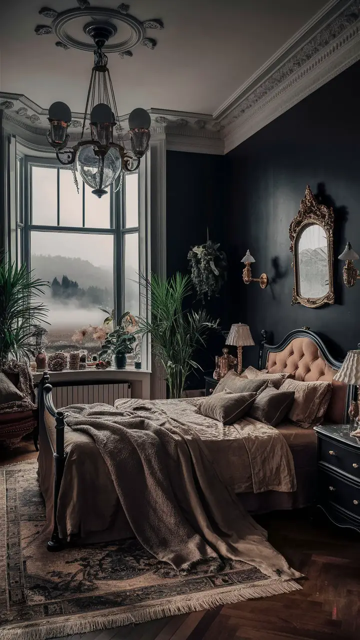 A stunning photo of a Victorian-style bedroom exudes elegance and sophistication. The room features a beautiful black wall, furniture, and light fixtures, creating a striking contrast against the rich and warm color palette. The plush bed is adorned with luxurious linens and pillows, while a vintage mirror adds a touch of charm. A foggy landscape can be seen through the window, revealing an enchanting outdoor scene. Indoor plants add a touch of freshness and life to the space, enhancing the overall ambiance of the room., photo
