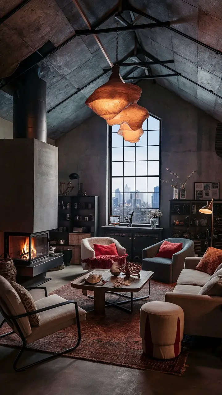 An industrial-style living room with a vaulted ceiling, cozy fireplace, modern furniture, eclectic decorative accessories, unique light fixture, natural light from a large window, and a view of the city skyline.