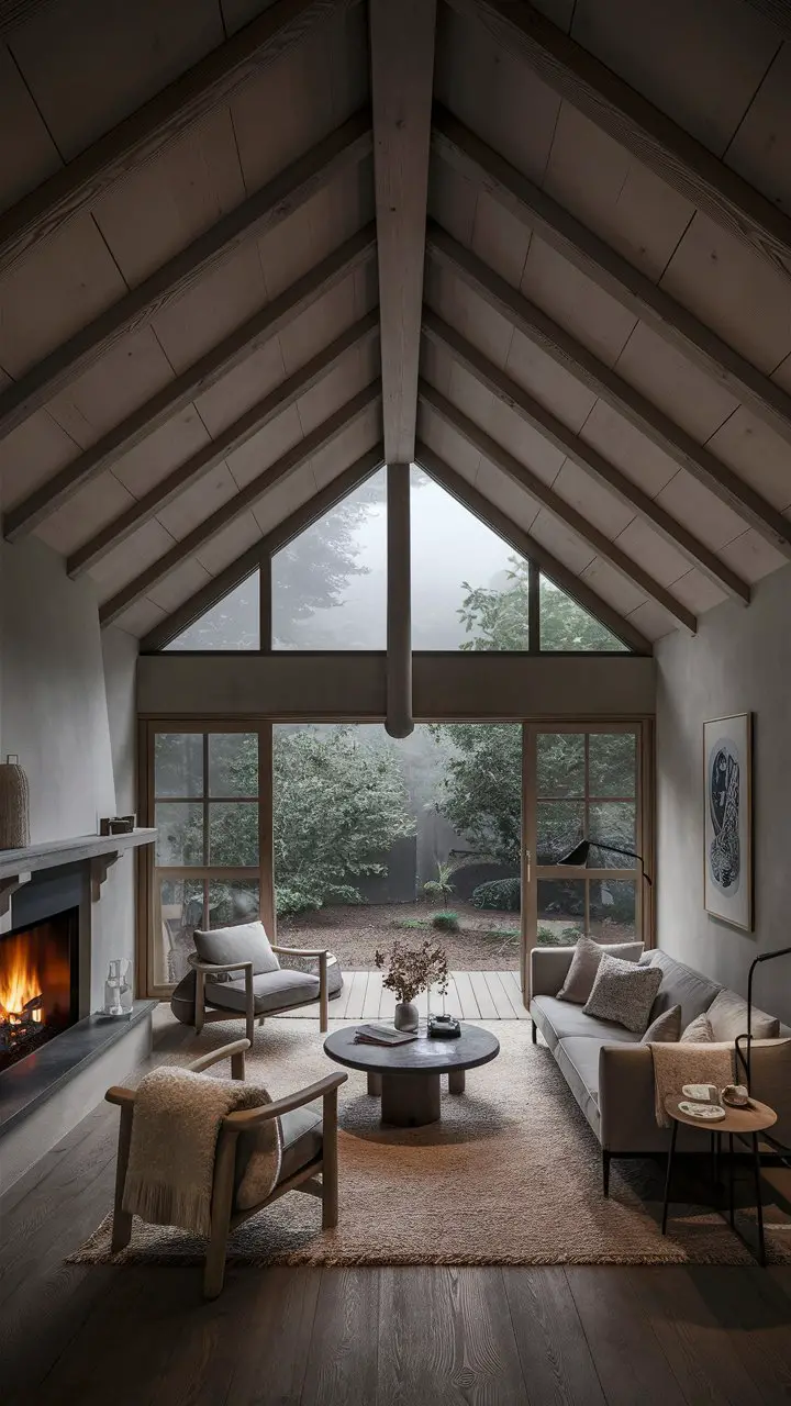 A Japandi-style living room with a vaulted ceiling, cozy fireplace, wooden beams, large window, plush throw, artwork, modern light fixture, and a serene garden view with a subtle hint of fog.