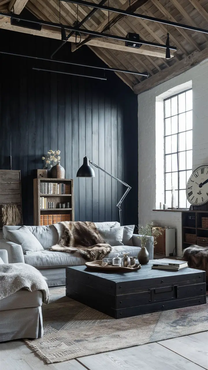 A stunning rustic living room with a black accent wall, featuring a comfortable sofa, a large black coffee table, and modern black light fixtures. The room is adorned with rustic decor accessories, such as a wooden shelf with books and a lamp, a fur throw, and a vintage-style clock. The large window to the side allows natural light to fill the space, creating a warm and inviting ambiance.