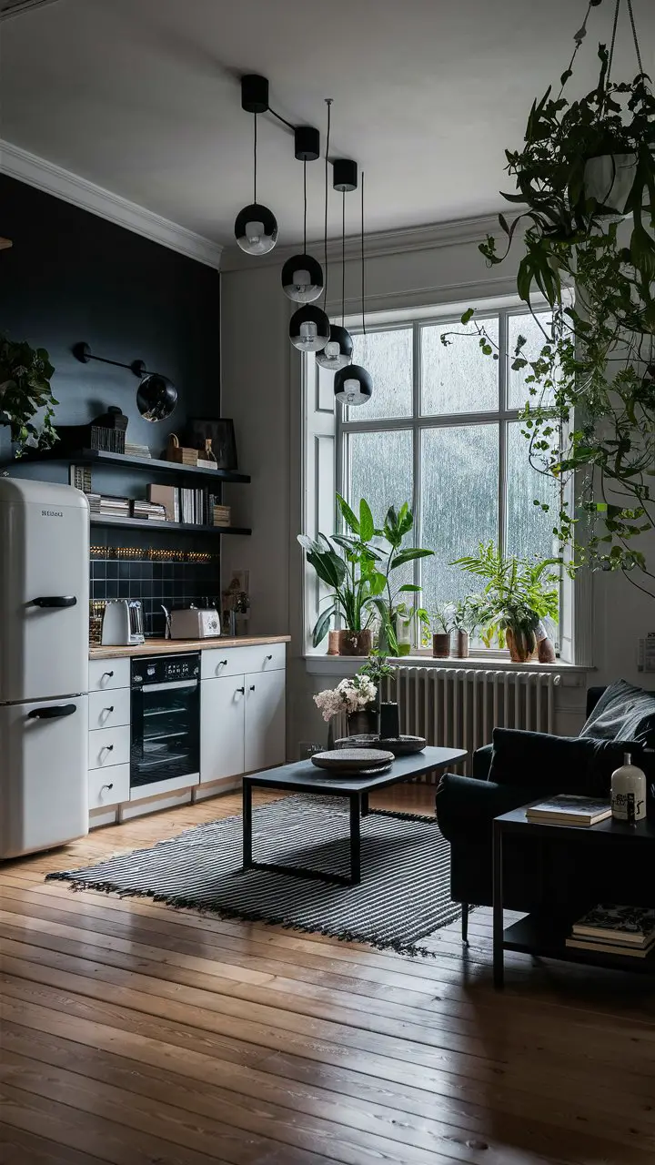 A stunning Scandinavian-inspired living room with a black accent wall, featuring a sleek black sofa, a modern coffee table, and a minimalistic black bookshelf. The room is adorned with stylish black and white appliances, such as a refrigerator and a toaster, as well as contemporary light fixtures. The black theme is balanced by the use of warm wooden elements, including flooring and decorative accents. A large window, framed by lush green indoor plants, offers a view of the drizzling rain outside, adding a serene touch to the space., photo