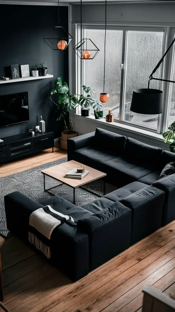 A stunning Scandinavian living room, featuring a black wall adorned with a minimalist shelf displaying decorative accessories. A black sectional sofa sits in the center of the room, with a cozy black and white throw blanket folded neatly at one end. A sleek, black television is mounted on the wall, complemented by a black entertainment center below. Hanging above the sofa is a modern geometric light fixture, casting soft, warm light throughout the space. A large window showcases the drizzling rain outside, while a few indoor plants bring a touch of nature indoors., photo