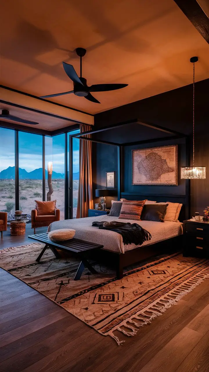 a beautiful well-lit southwestern bedroom with a black wall / furniture / appliances / light fixtures / relevant decor accessories / window /, photo