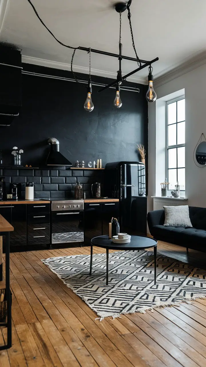 A stunning, well-lit industrial living room with a unique black wall, furniture, appliances, light fixtures, and decor accessories. The black wall serves as a bold statement piece, contrasting with the warm, wooden flooring. A contemporary black sofa sits invitingly near a sleek, round black coffee table. A black and chrome oven, along with a matching refrigerator, are placed against the black wall, creating a modern, cohesive design. Hanging above the living area is a stylish industrial light fixture with exposed bulbs. The room also features a large window that allows natural light to flood in, highlighting the room's minimalist aesthetic and chic decor., photo