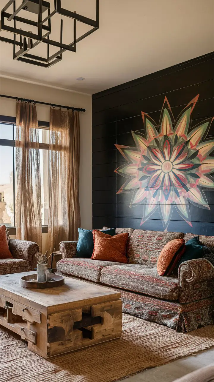A stunningly designed Southwestern-inspired living room with a black accent wall showcasing a vibrant, artistic floral pattern. The room features a plush, patterned sofa and a rustic coffee table, both with a blend of earthy and bold colors. The ceiling sports a modern, geometric light fixture, adding a touch of elegance. The window is adorned with flowing, natural curtains, and the room is accented with decorative pillows and accessories that complement the overall theme.