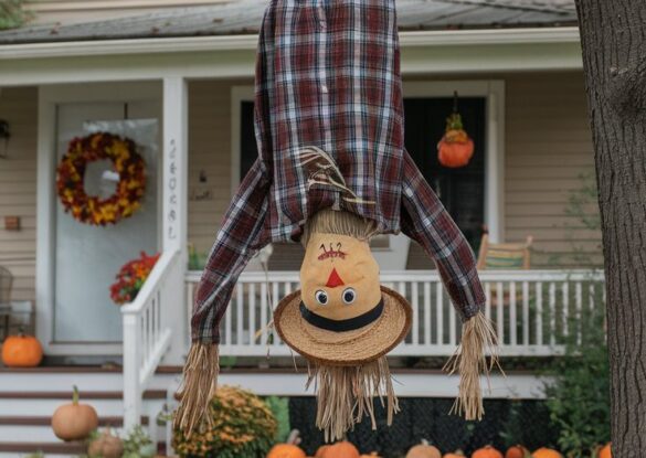 a-photo-of-a-scarecrow-hanging-upside-down-from-a–DBtpXZG1TDSYxwyqGRaoew-ZUDTVQZwSxC-JXAUhk4FhA A photo of a scarecrow hanging upside down from a tree in front of an American home. The scarecrow is wearing a straw hat and a plaid shirt. The tree has orange and yellow leaves. The home has a white picket fence and is surrounded by a lawn. There are pumpkins and a wreath with a fall motif on the home's porch.