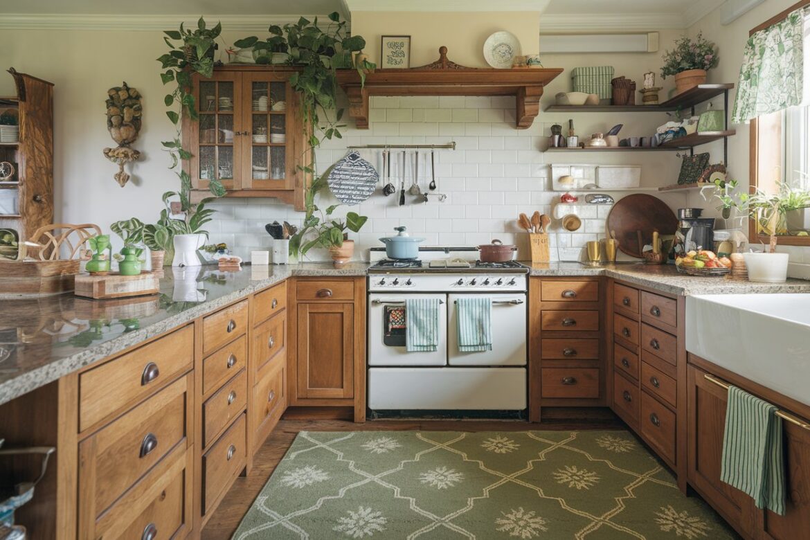 a Cottagecore kitchen with green patterned rugs. play with patterns—florals, geometrics, or abstract designs. A photo of a cottagecore kitchen with green patterned rugs. The kitchen has wooden cabinets, a granite countertop, and a white stove. There are various kitchen utensils and ingredients on the counter. The floor is covered with a green rug with a floral pattern. The walls are adorned with plants and a decorative item. The overall ambiance is warm and inviting.