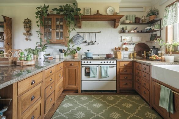 A photo of a cottagecore kitchen with green patterned rugs. The kitchen has wooden cabinets, a granite countertop, and a white stove. There are various kitchen utensils and ingredients on the counter. The floor is covered with a green rug with a floral pattern. The walls are adorned with plants and a decorative item. The overall ambiance is warm and inviting.
