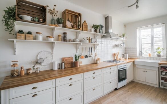 A photo of a Scandi kitchen with white cabinets and a wooden countertop. The top of the cabinet has decorative wooden crates, jars, plants, and knick-knacks. There's also a stove, a sink, and a window with a curtain. The floor is made of light wood.
