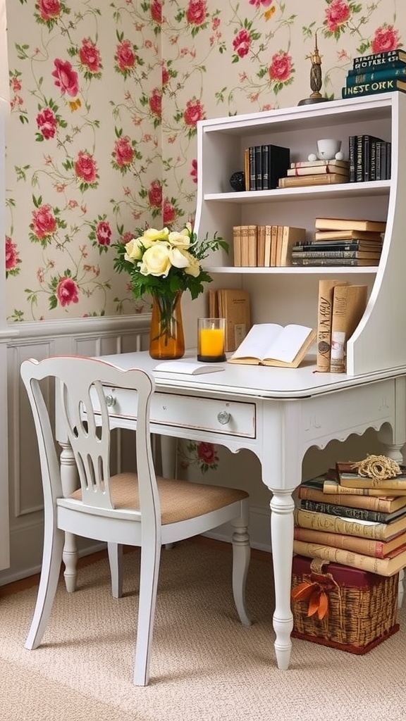 A cozy home office setup featuring a vintage desk, books stacked, and a glowing candle.
