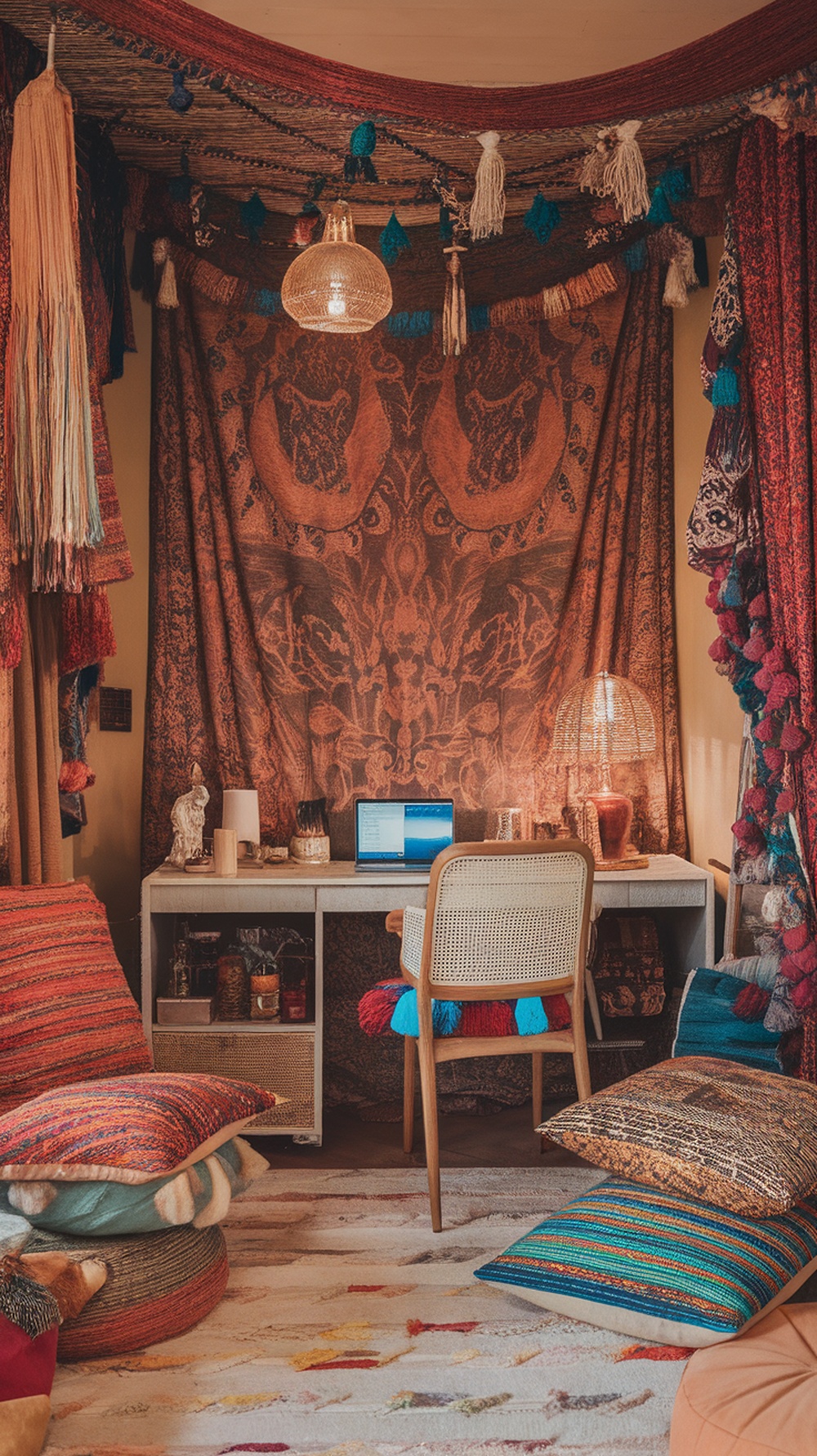 A cozy home office with colorful curtains, cushions, and warm lighting.