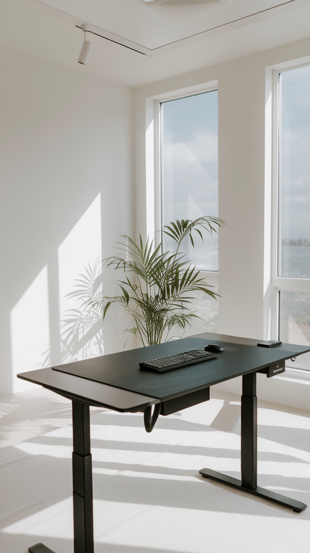 A sleek standing desk in a bright office space with large windows and a plant.