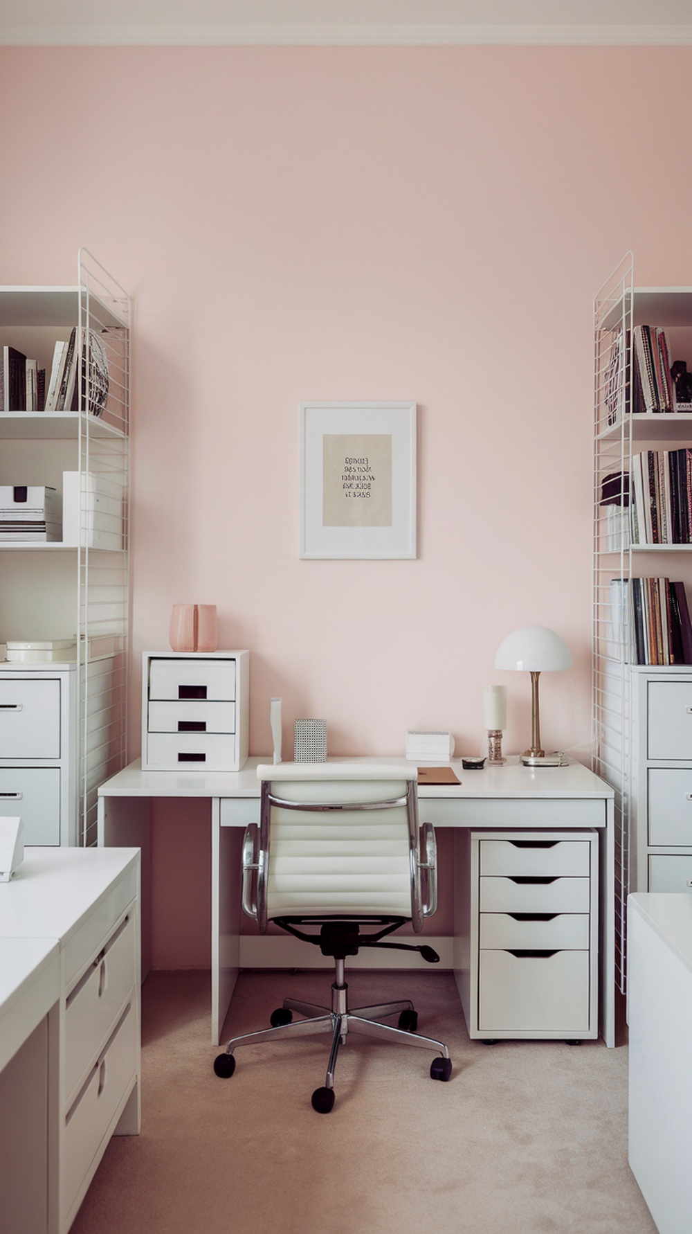 A stylish home office with a soft pink accent wall, modern white furniture, and minimalistic decor.