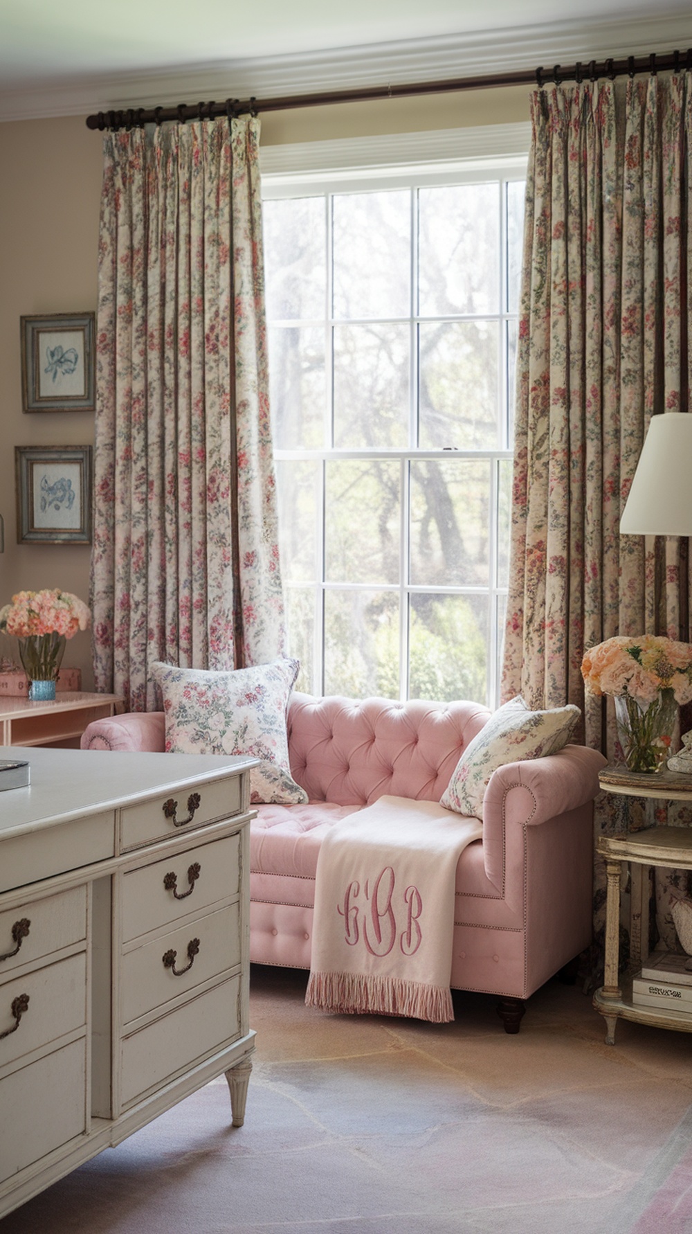 A cozy home office with a pink tufted bench beneath a window, decorated with floral curtains and soft pillows.