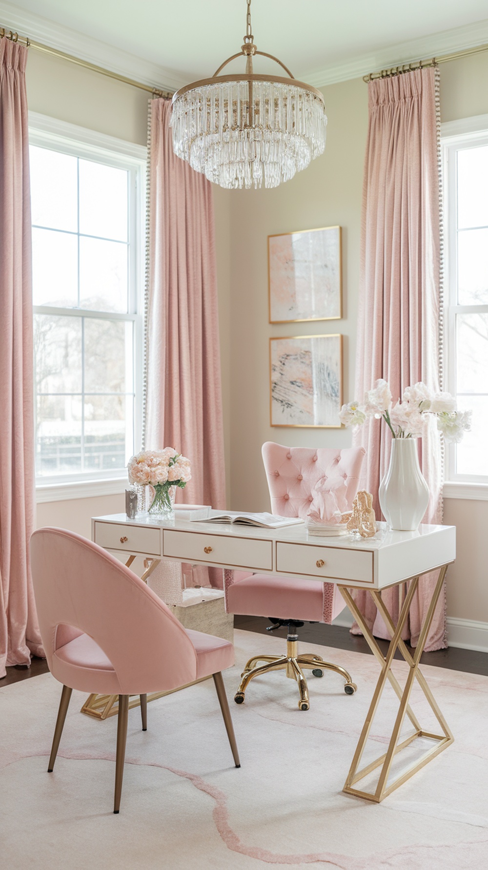 A stylish home office featuring a blush pink velvet chair, white desk, and elegant decor.