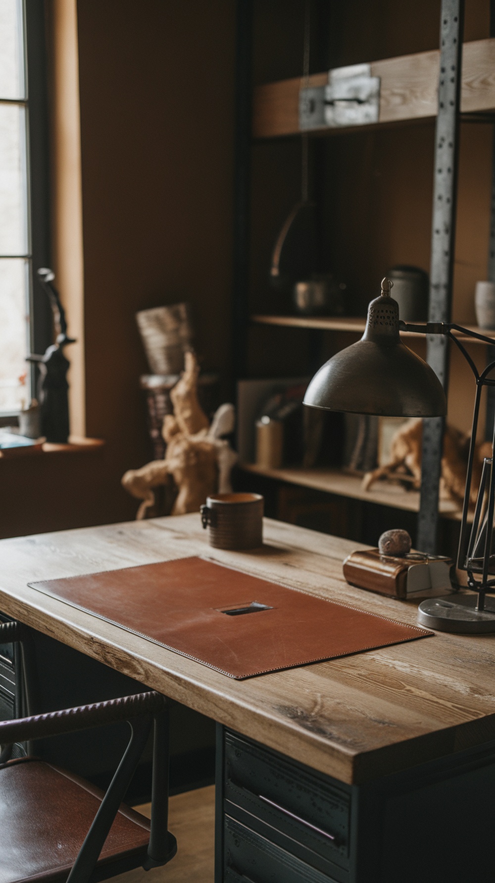 A cozy home office desk featuring leather accessories and warm lighting.
