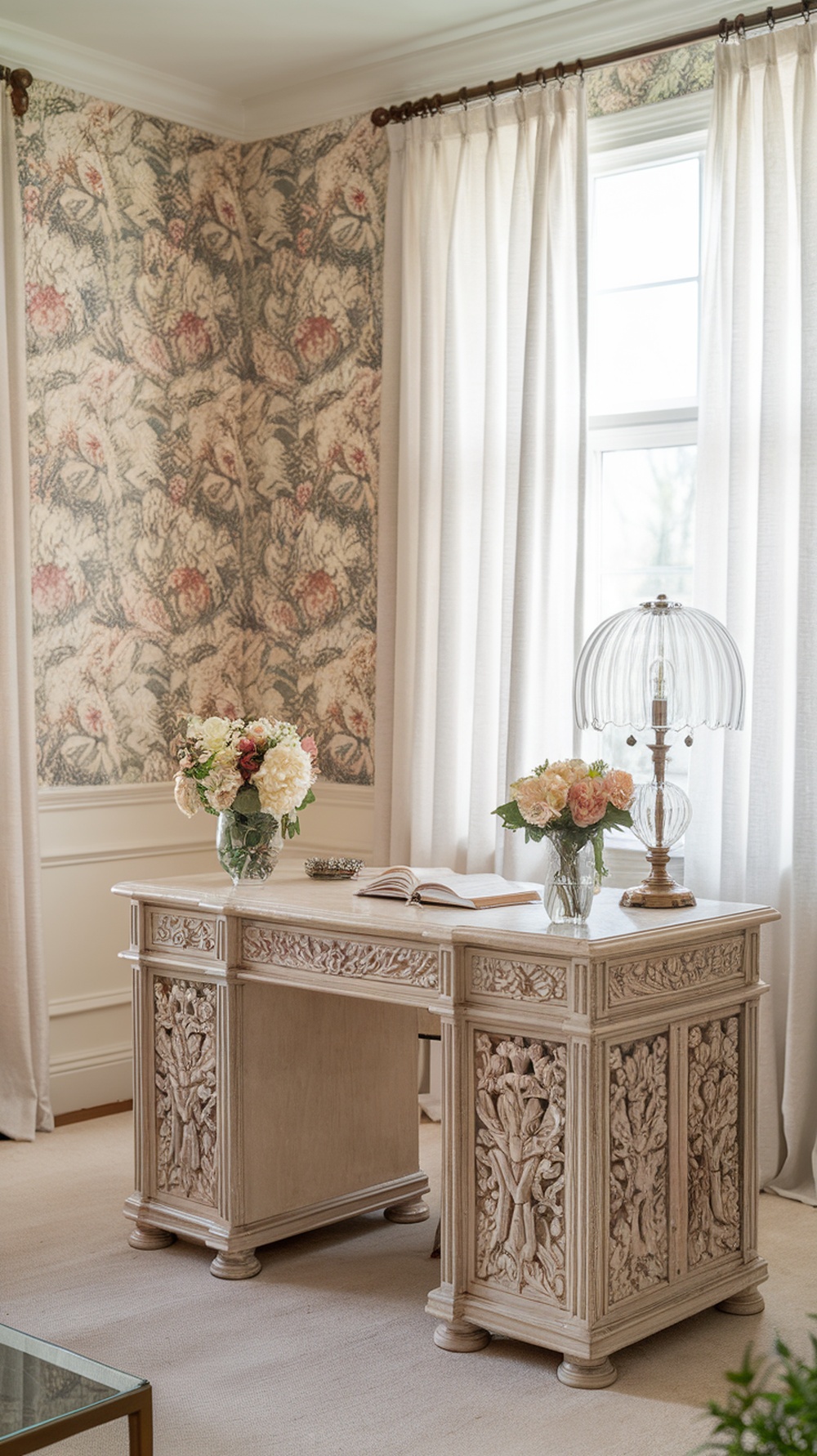 A feminine home office featuring sheer curtains, floral wallpaper, and an ornate desk with flowers.