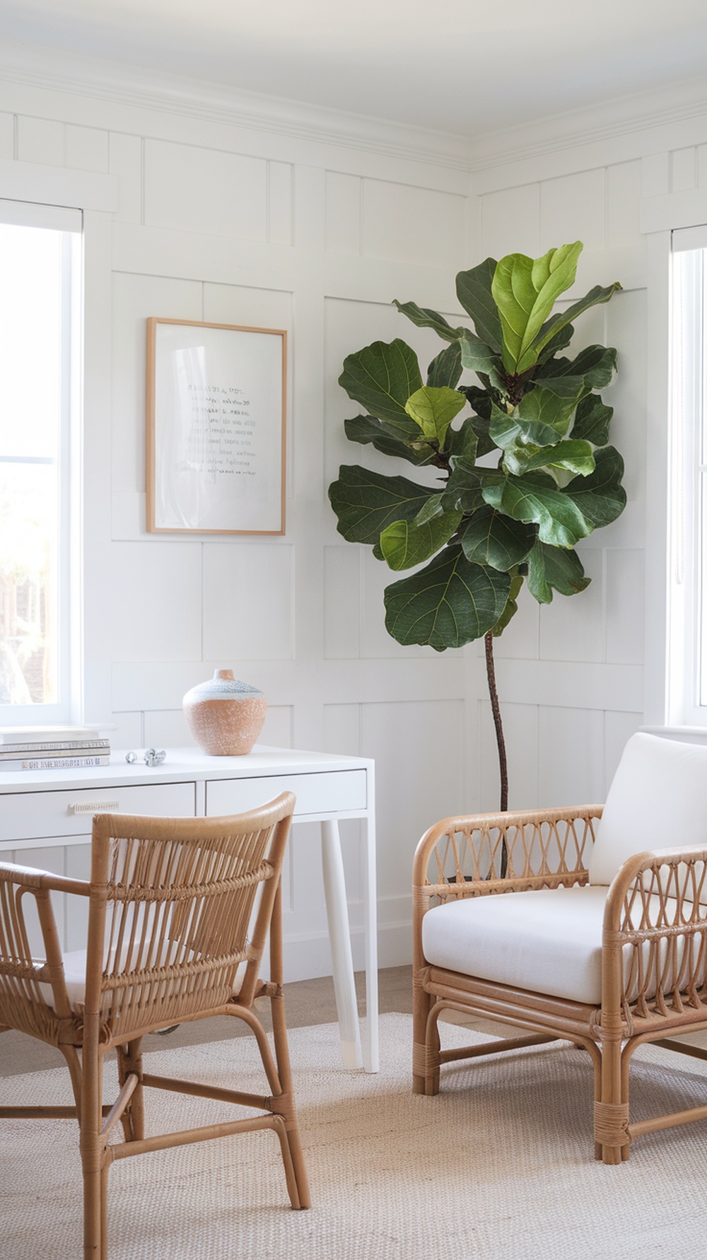 A bright home office featuring a giant fiddle leaf fig plant in the corner, a white desk, and rattan chairs, creating a fresh and stylish workspace.