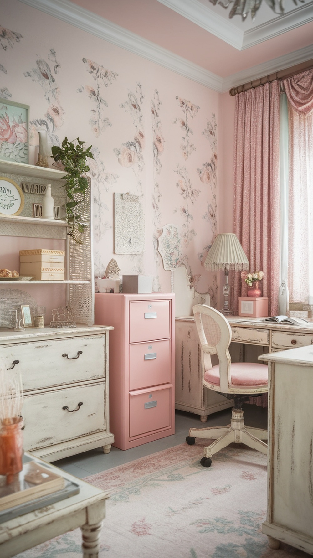 A stylish home office featuring a pastel pink filing cabinet, vintage furniture, and floral wallpaper.