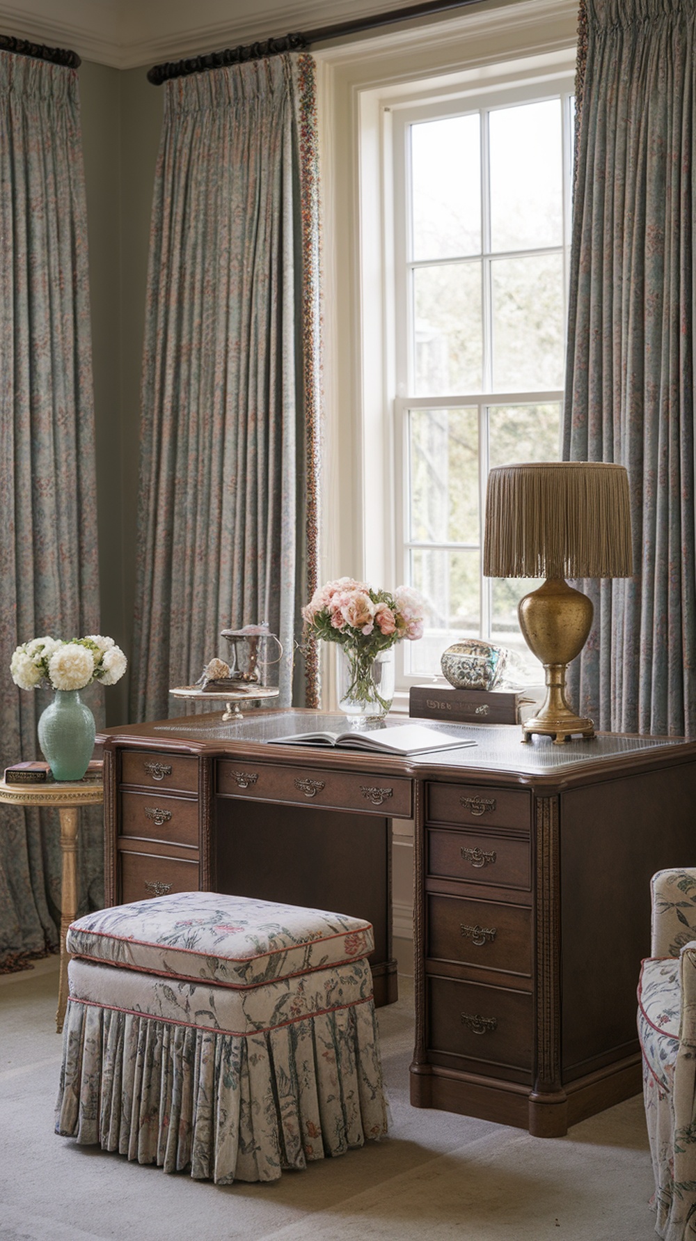 A cozy home office scene featuring a wooden desk, floral curtains, a stylish lamp, and a charming footrest.