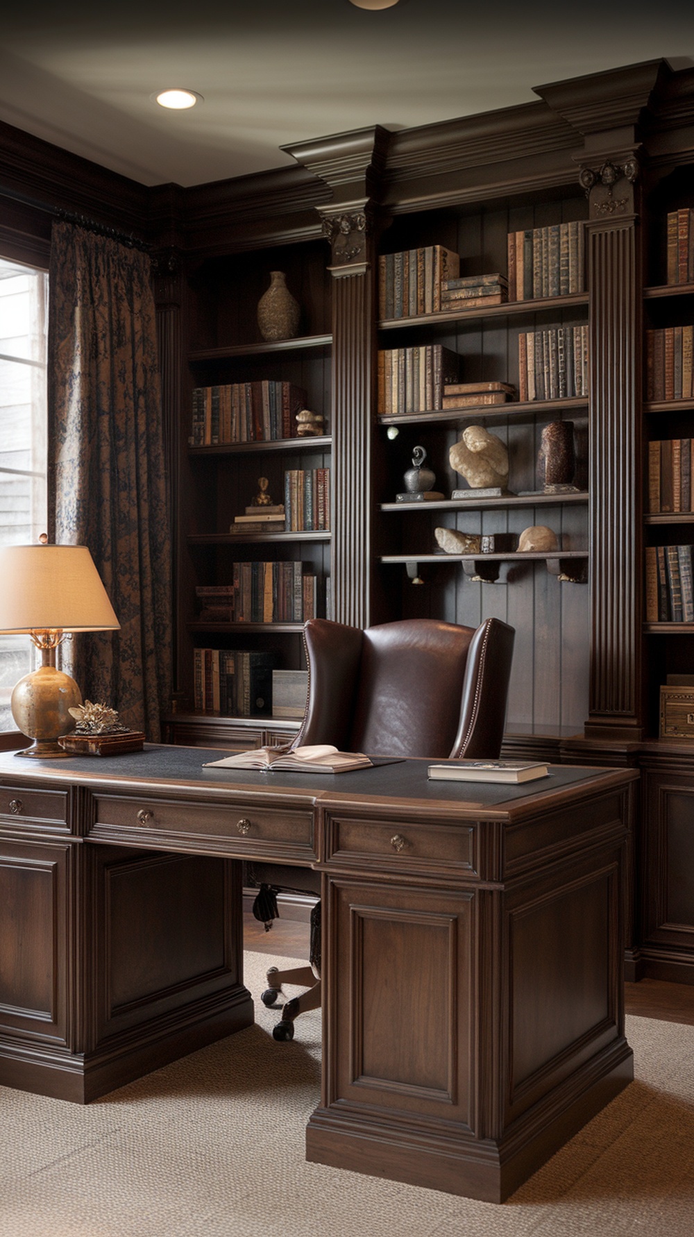 A dark walnut wood office desk with a comfortable leather chair, surrounded by shelves of books and decorative items.
