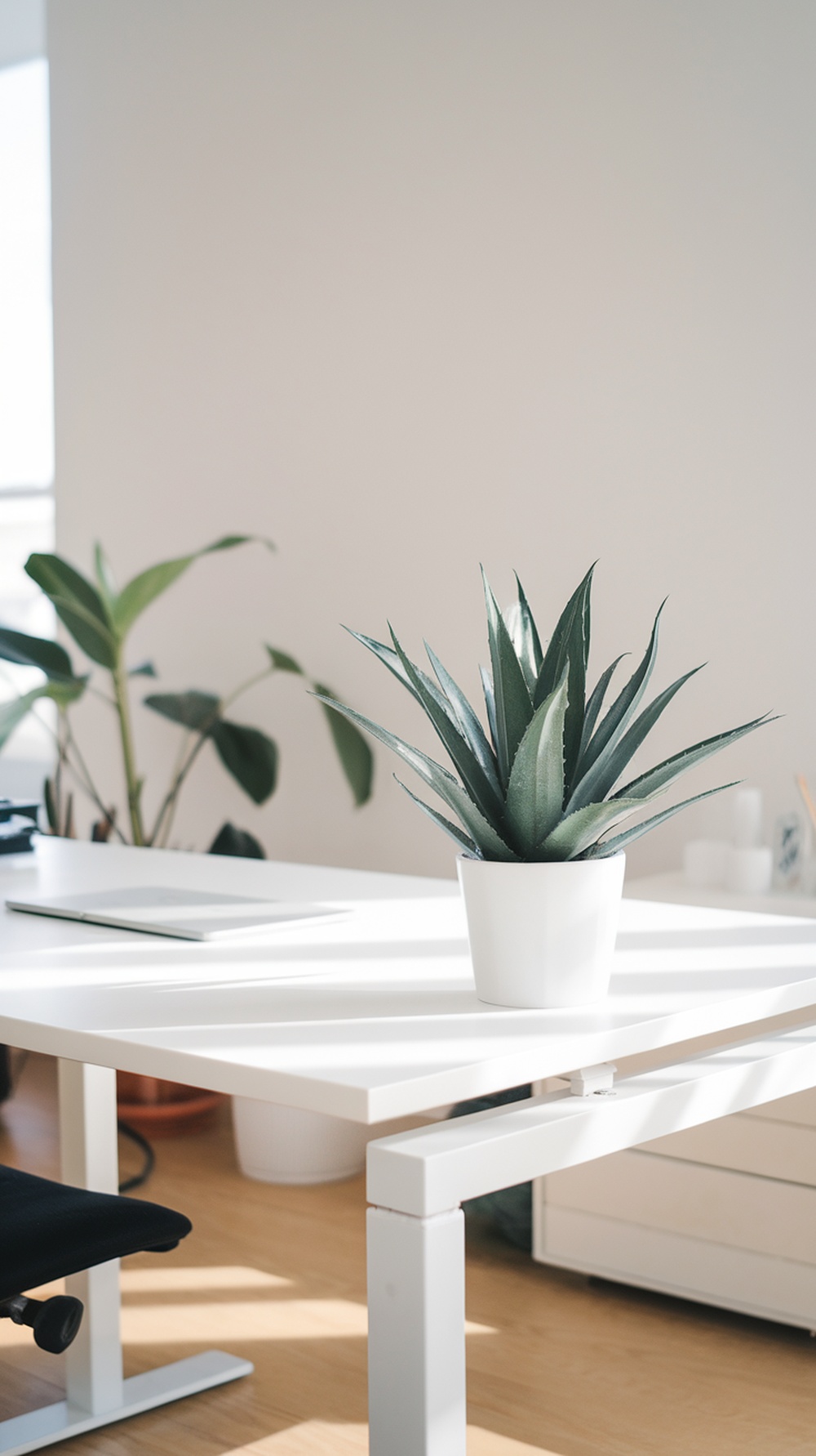 A clean and organized white desk with a green plant, laptop, and minimal clutter