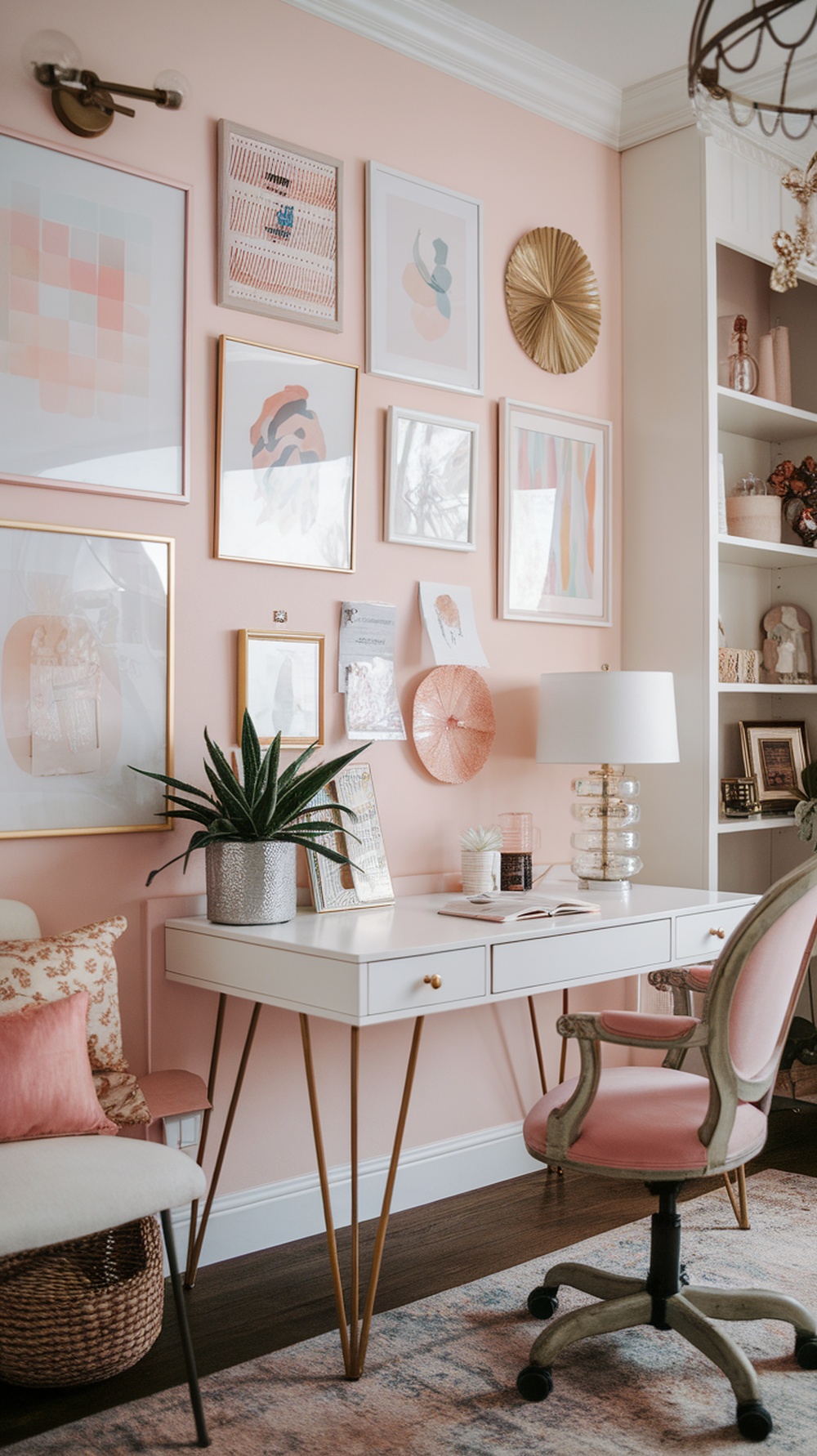 A stylish home office decorated with pastel art prints, featuring a white desk, pink chair, and plants.