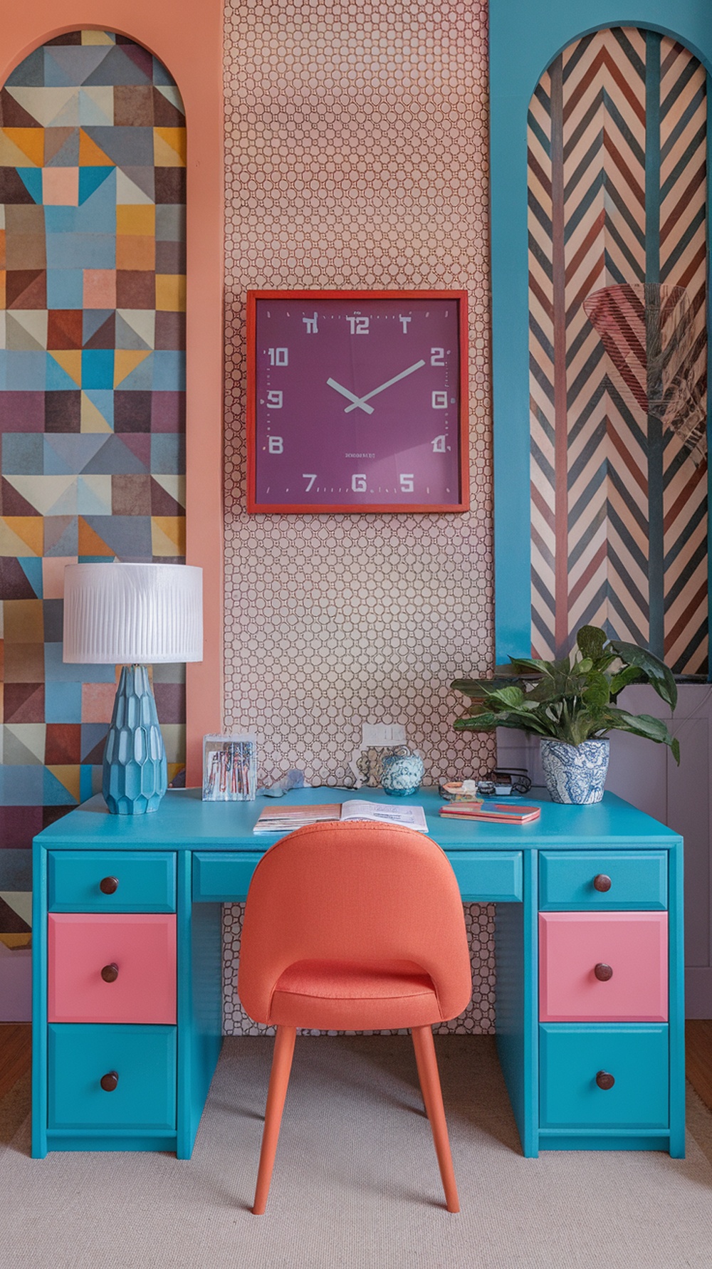 A vibrant home office setup featuring a large purple digital clock on a colorful wall, with a stylish desk and chair.