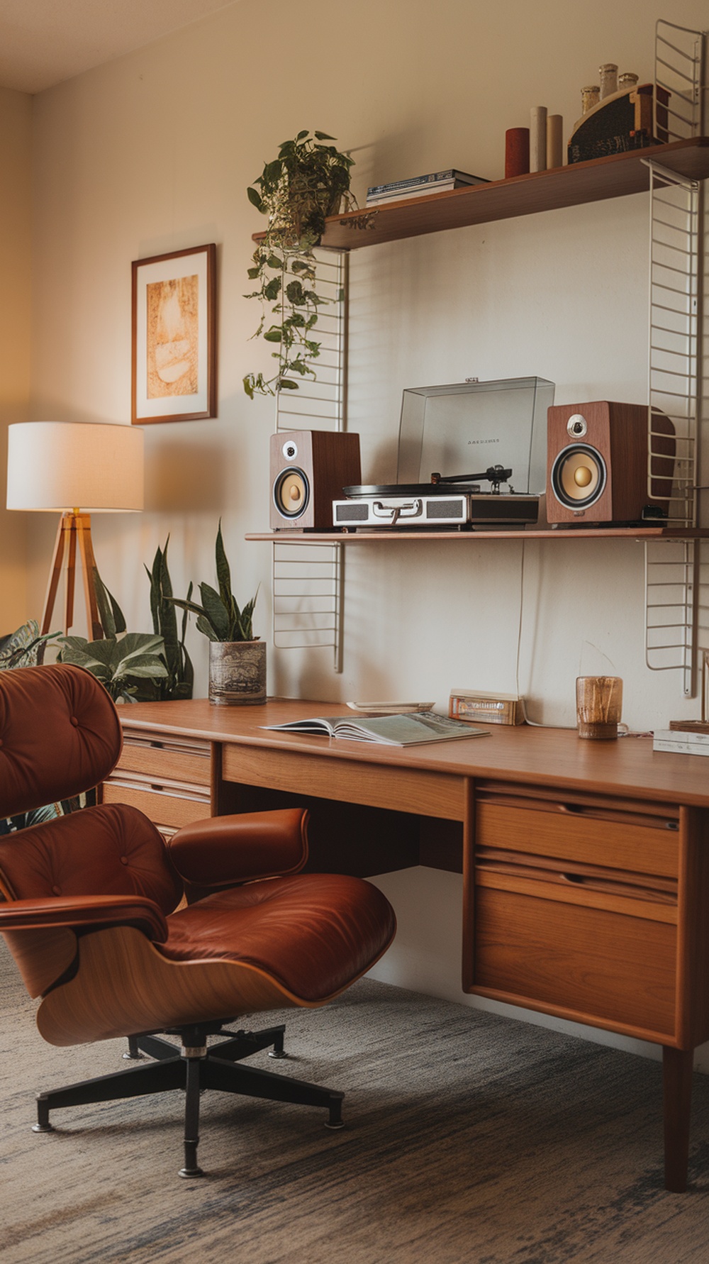 A stylish home office setup featuring a record player and high-end speakers, exuding a cozy and inviting atmosphere.