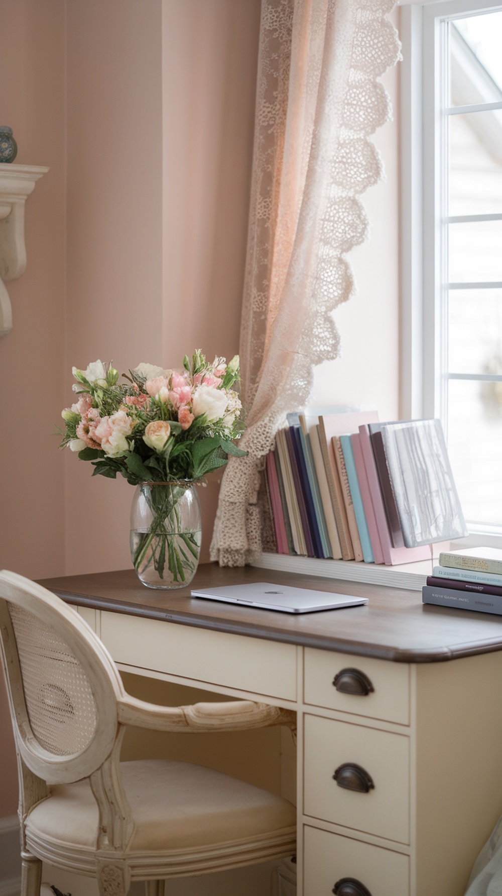 A stylish home office featuring a glass vase with fresh flowers on a desk.