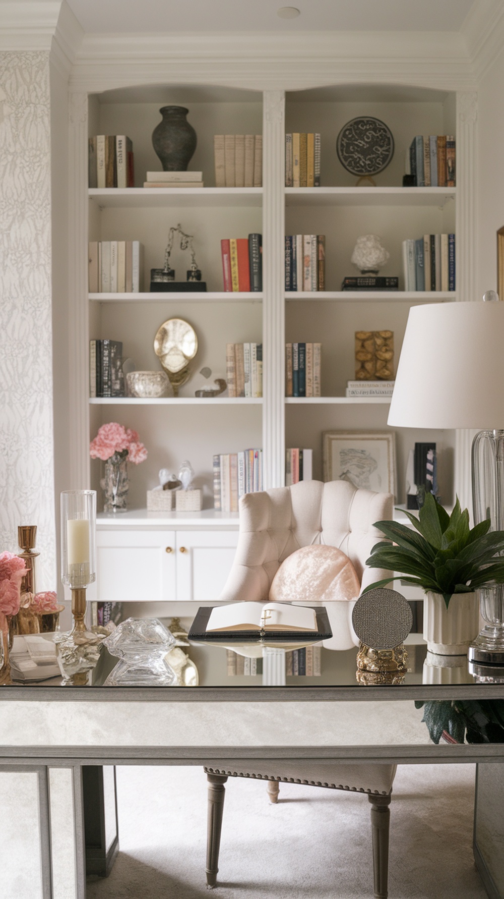 A stylish home office featuring a desk with beauty items, flowers, and bookshelves.