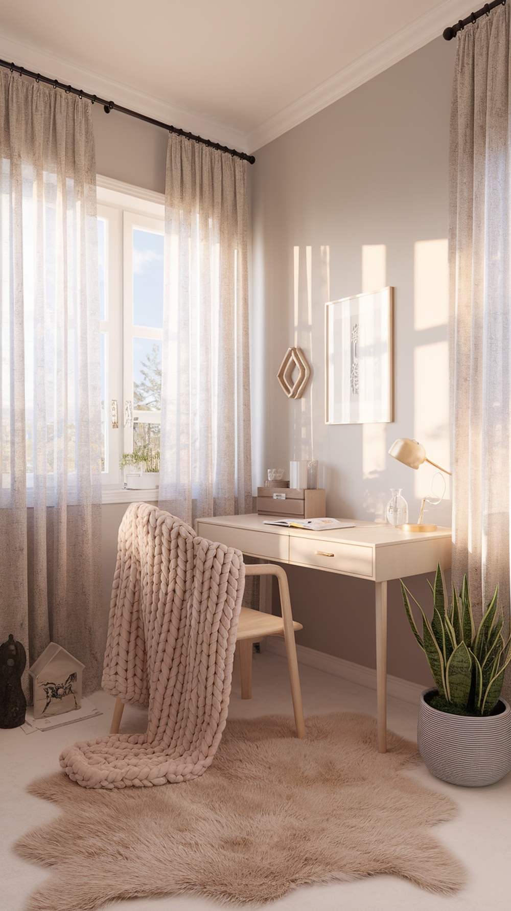 A cozy home office setup with a chunky knit blanket draped over a chair, a wooden desk, and soft lighting.