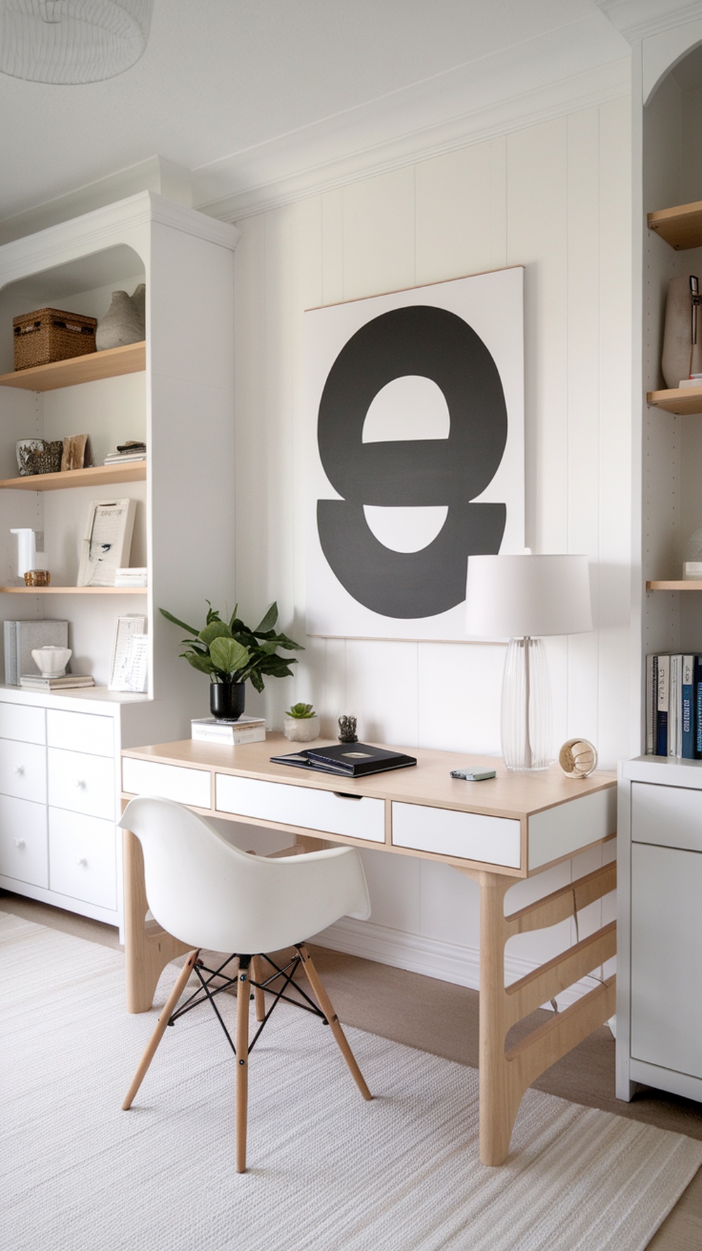 A minimalist artwork framed behind a modern desk chair in a stylish home office setting.