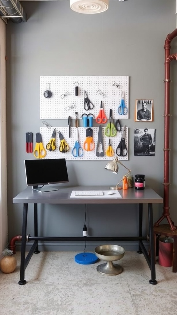 A multi-pocket organizer hanging on a wall next to a stylish desk, showcasing a neat and organized home office space.