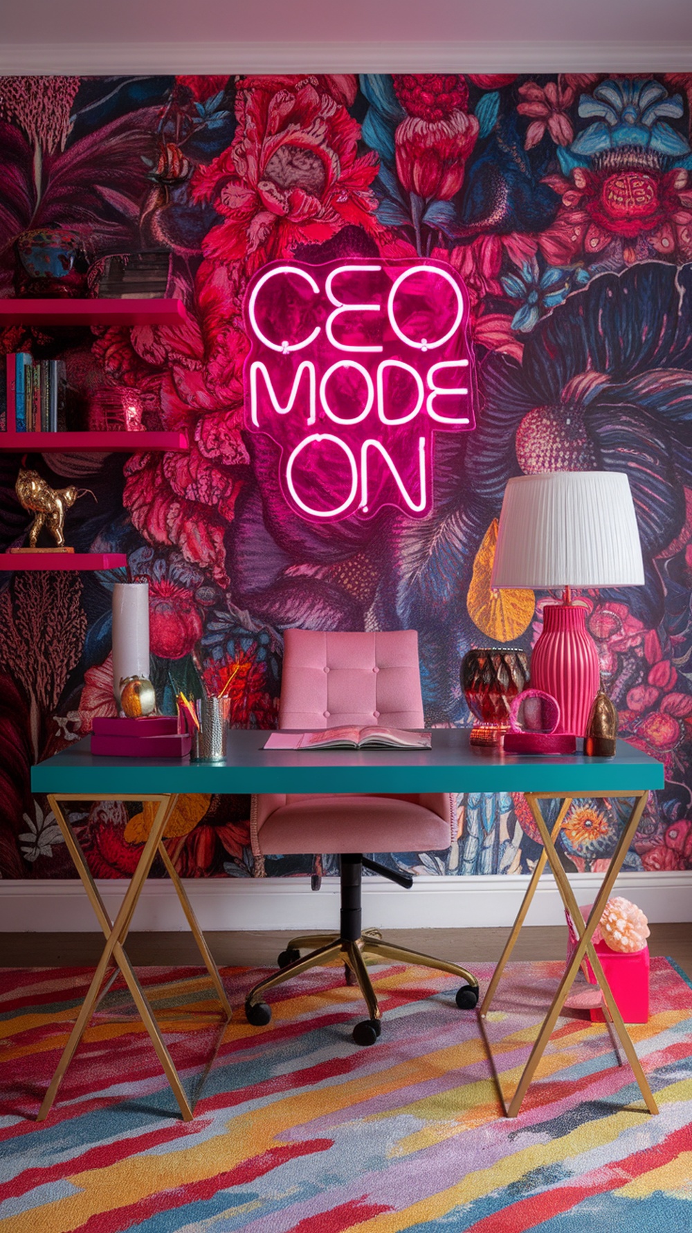 A vibrant home office featuring a neon sign that says 'CEO MODE ON' against a floral backdrop, with a stylish desk and colorful decor.