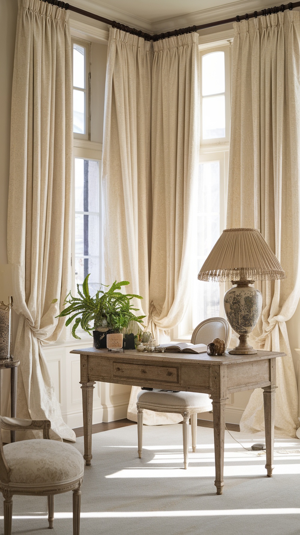A stylish home office featuring floor-to-ceiling curtains, a desk, and decorative items.