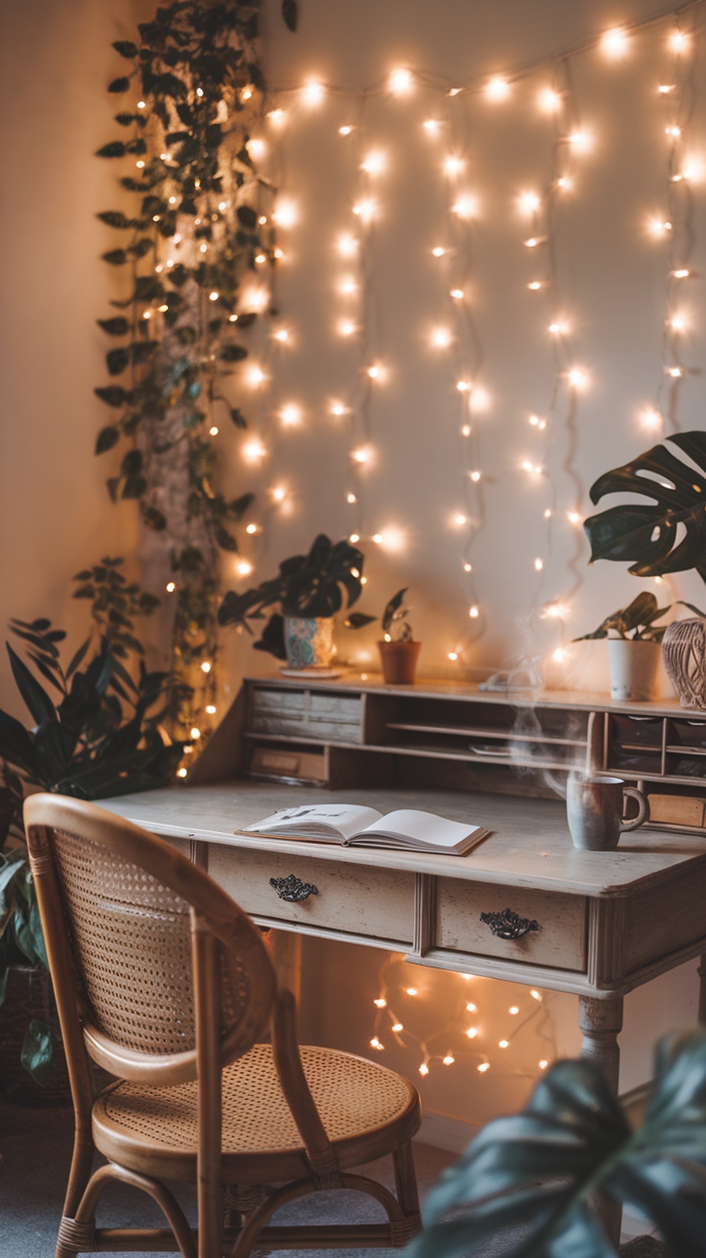A cozy home office with fairy lights glowing on the wall, surrounded by plants and a wooden desk.