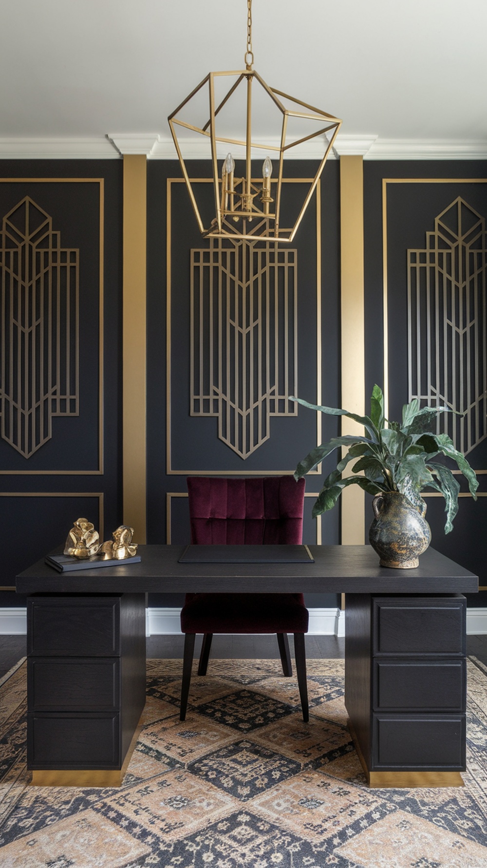 A stylish home office with bold overhead lighting, black decor, and a touch of gold.